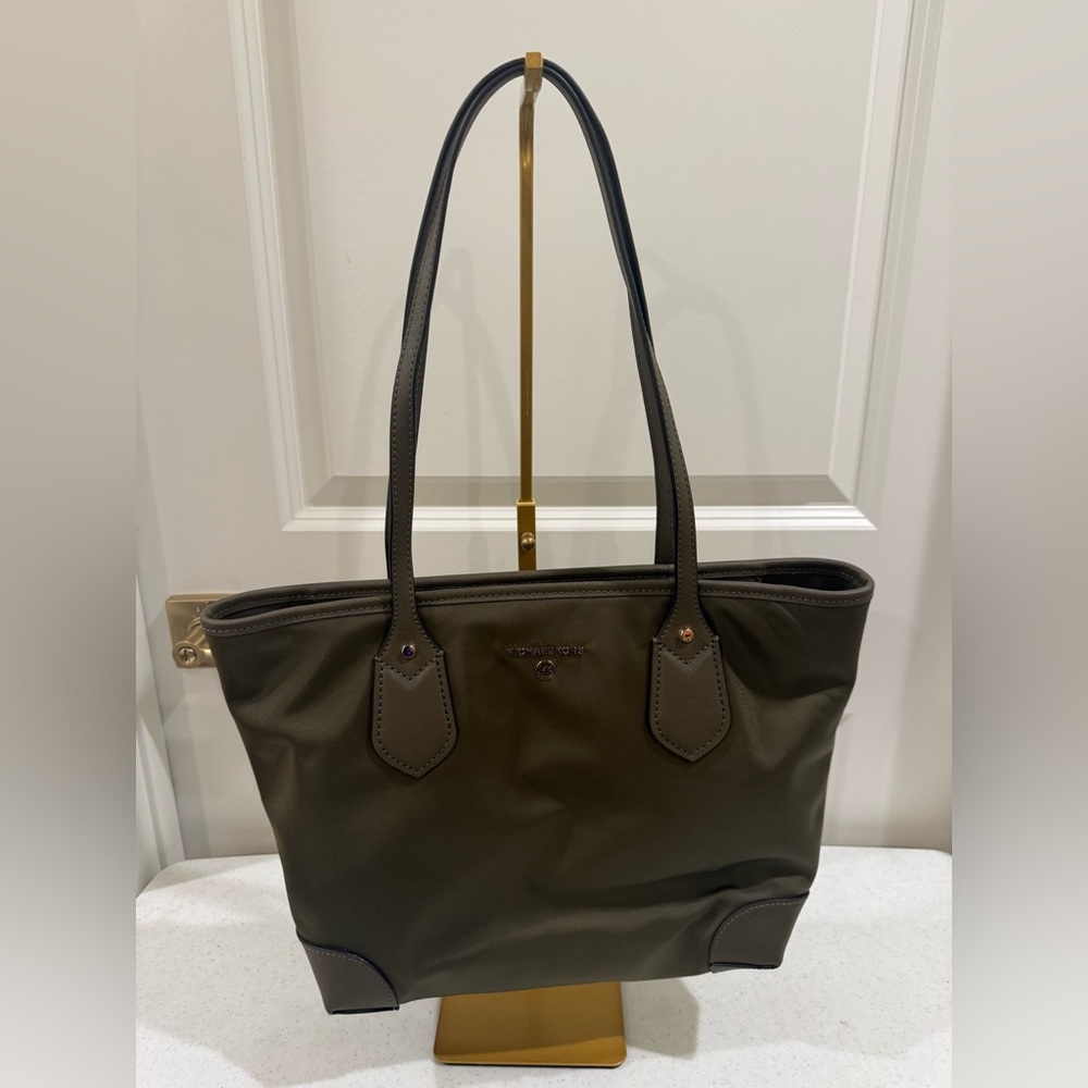 NEW Michael Kors Olive Nylon Eva Tote with Leather Trim ~ 14” L x 4.5” W x 10” H - Picture 2 of 11